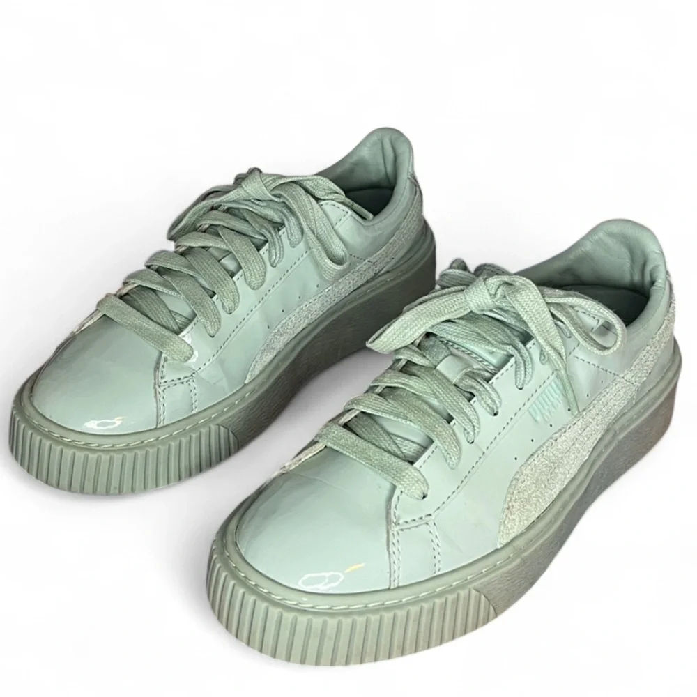 PUMA - Women's Mint Green Leather Basket Platform Sneakers Size 7.5 Shoes Unisex